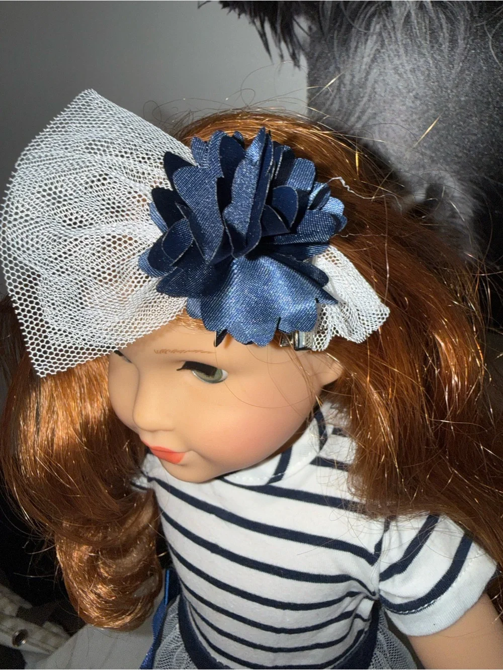18” dolls white navy blue striped dress lace embroidered skirt Mary Jane’s